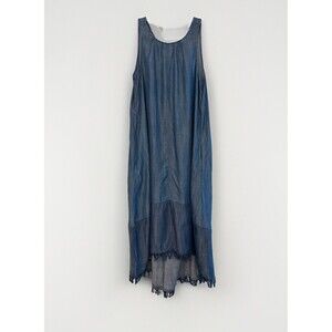 Crown & Ivy Dress Blue Chambray  A Line Midi High Low Fringe Dress Women’s Med